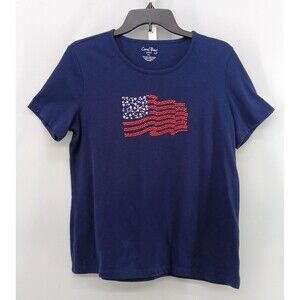 Coral Bay Shirt Women Size PL Blue Beaded USA Flag Patriotic Short Sleeve Top
